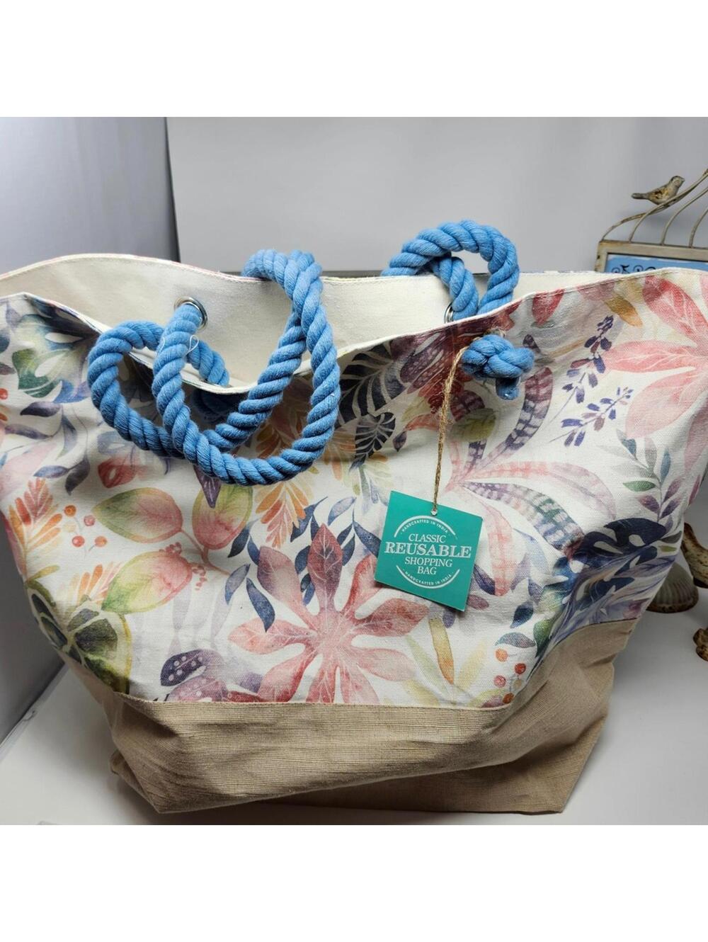 Classic Reusable Floral Print Shopping Tote Bag with Blue Rope Handles